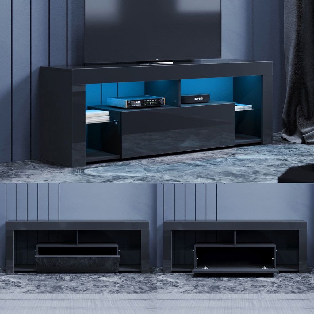 A modern, black, high-gloss TV stand with integrated blue LED lighting is shown from different angles.