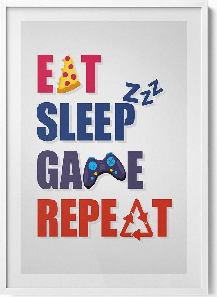 Inschrift für einen Gamer „Eat sleep game repeat“– Wandbild mit Rahmen – Gerahmtes Bild – Wanddekoration – 70x100 cm – Weiß Rahmen