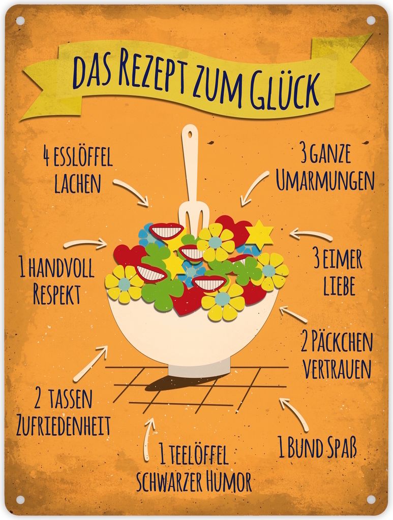 Metallschild XL mit Rezept zum Glück Motiv Schild Blechschild Aluminiumschild