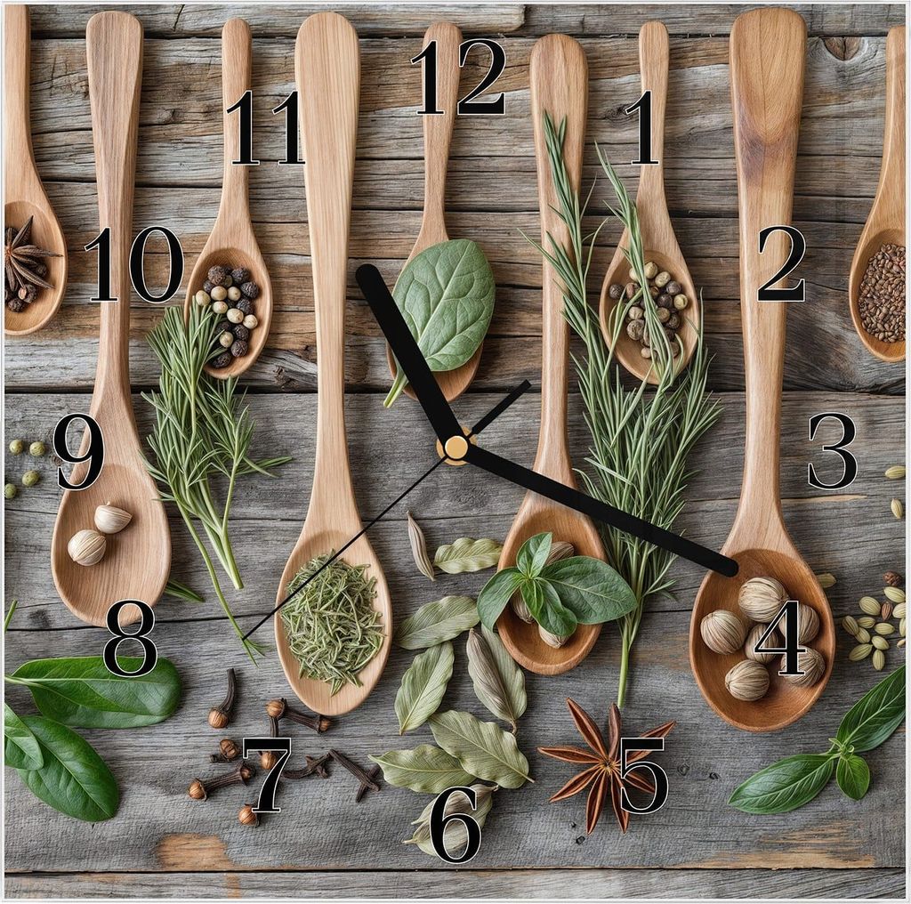 Wanduhr aus Glas mit Motiv Holzlöffel und Kräuter- 30 x 30 cm - inkl. Aufhängesystem