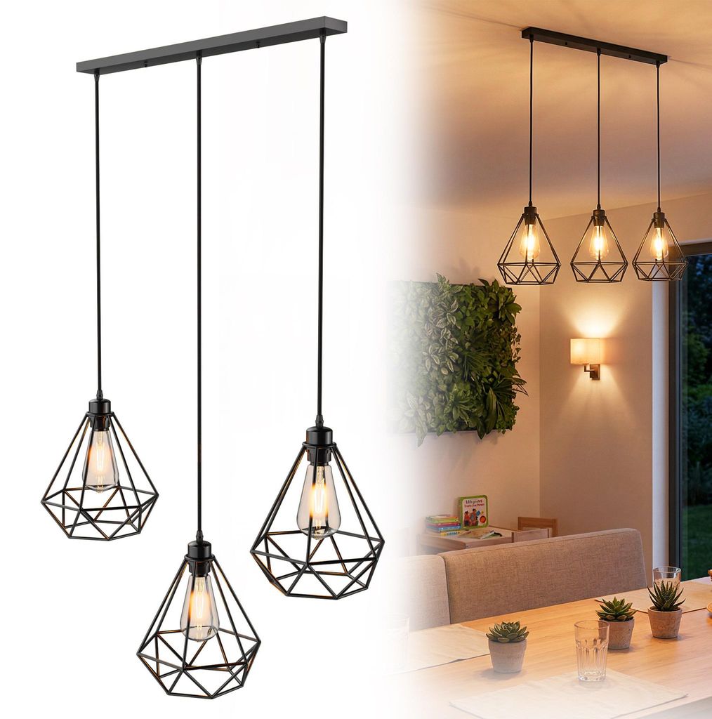 XMTECH Průmyslová závěsná lampa, 3 žárovky, černá, vintage Obrázek produktu 