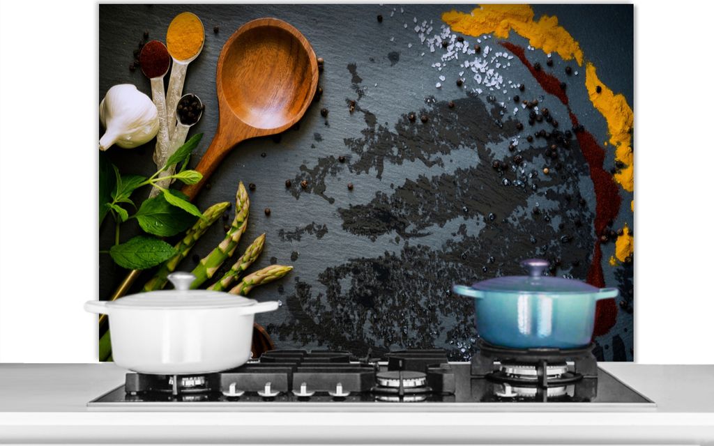 KitchenYeah Spritzschutz Küche - Küchenrückwand - Wandschutz für Herd und Spüle - Gewürze - Schöpfkelle - Küche 100x65 - Alu-Dibond (Alt...