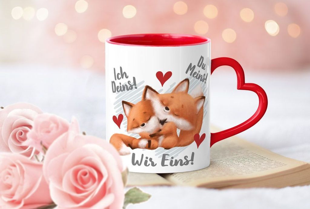 Tasse mit Herz-Henkel Spruch Ich Deins Du Meins Wir Eins Geschenk Liebe Valentinstag Jahrestag Fuchs SpecialMe weiss-herz-innen-rot Herz-Tasse