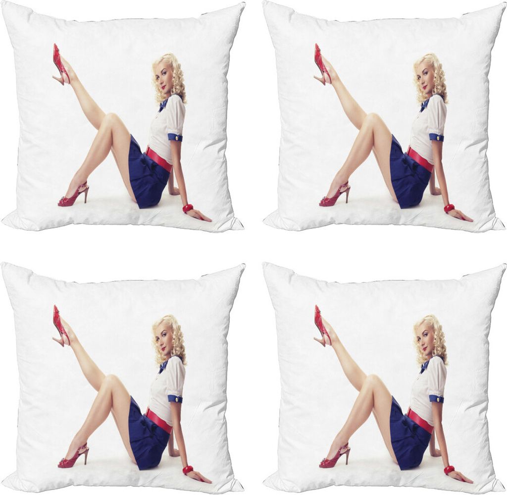 ABAKUHAUS Pin up Girl Kissenbezug Set (4 Stück), Lady in Navy-Kleid, Moderner Doppelseitiger Digitaldruck, 40 cm x 40 cm, Mehrfarbig