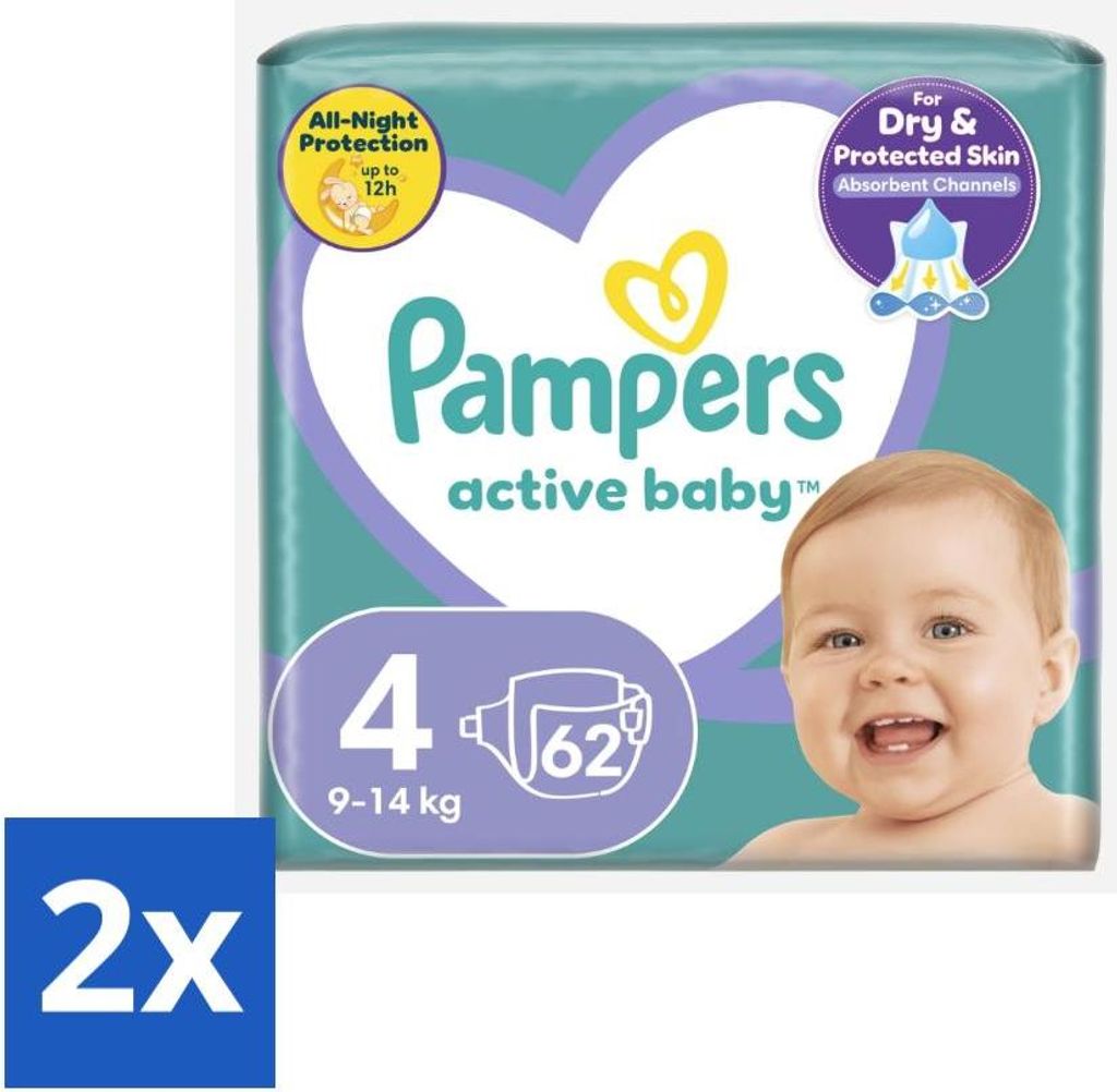 Pampers – Windeln – Active Baby Größe 4 (9-14 kg) – 62 Windeln - Vorteilspack - 2 Stücke