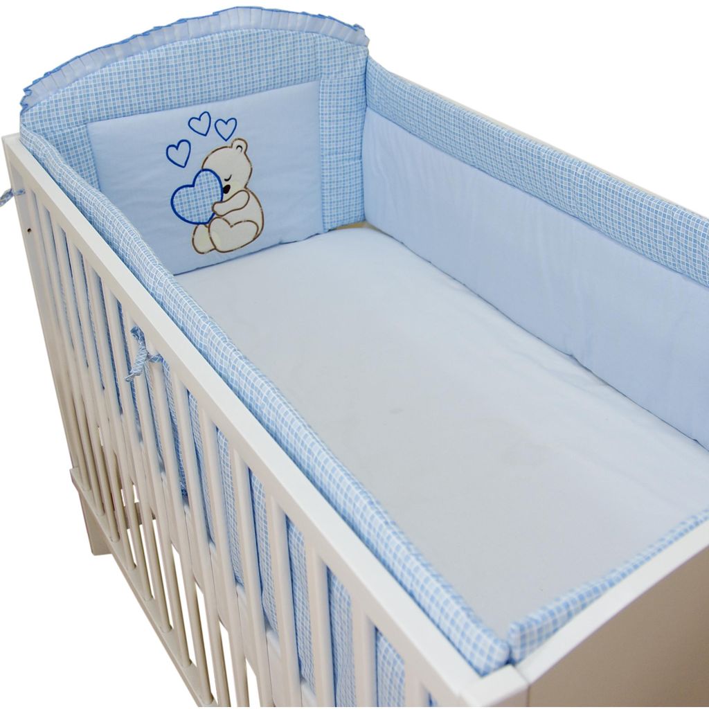 Babybett Nestchen & Bettumrandung WALLES für Bettchen in Größe 70x140 aus 100% Baumwolle bestickt mit einem Teddybär mit Herz Blau