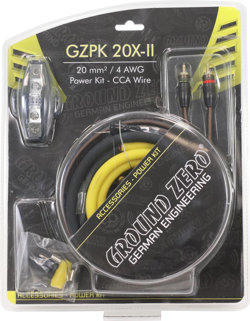 A retail package containing a car audio power kit.