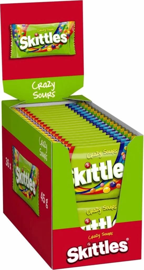 Skittles Crazy Sours en format 36 x 45 g, les bonbons acidulés cultes