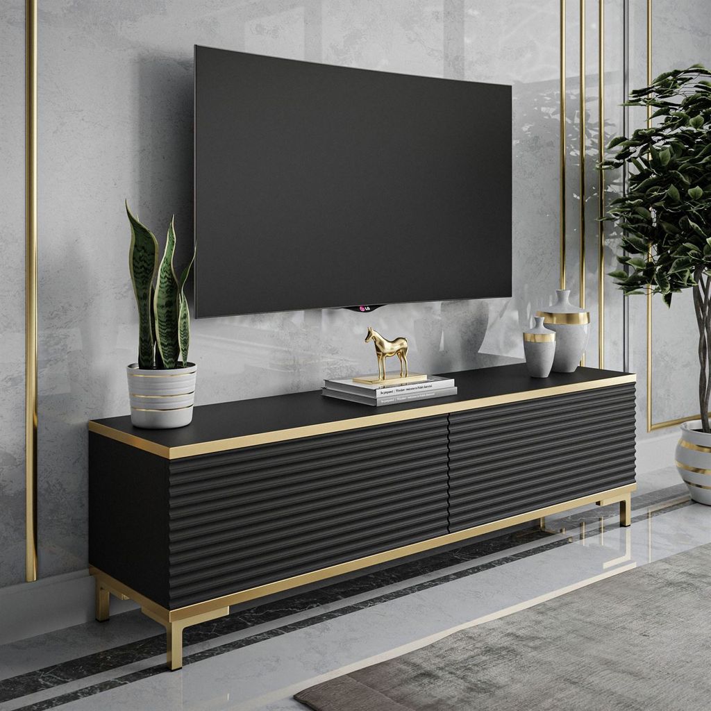 RTV Schrank OXFORD II 135 cm, Schwarz / schwarz matt + Produktbild 