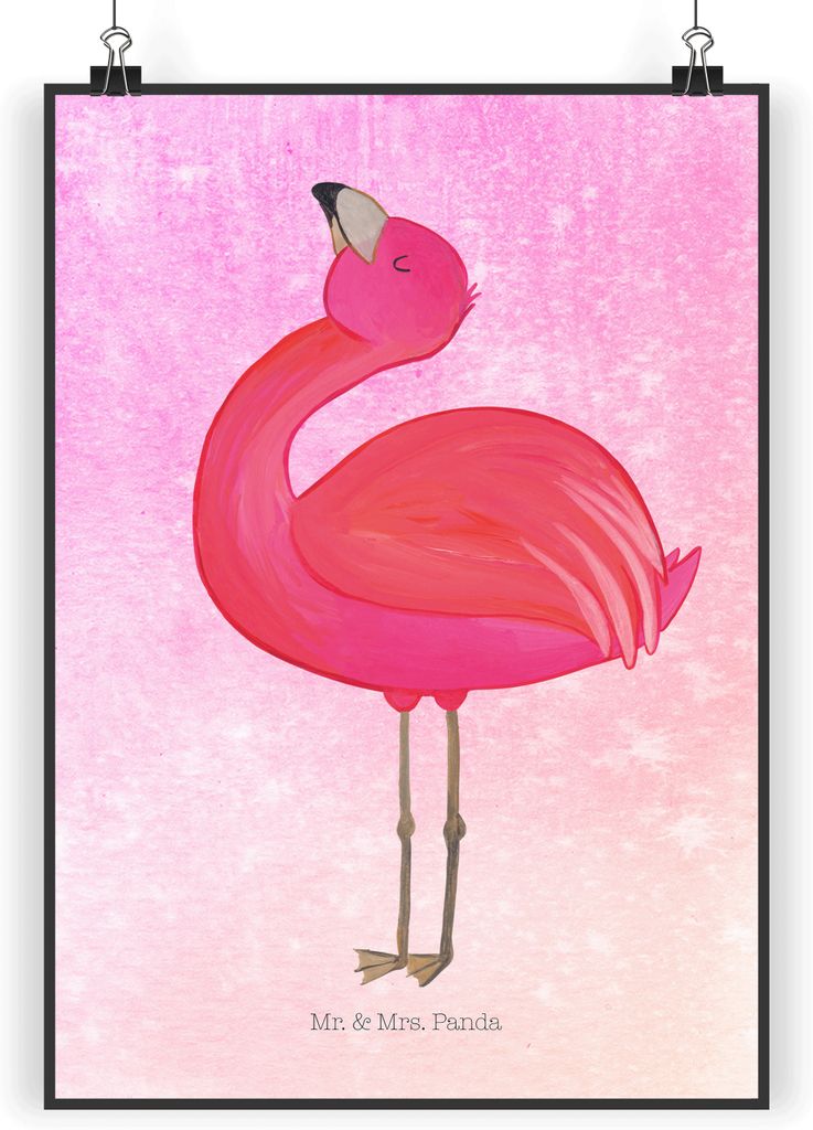 Mr. & Mrs. Panda Bild Flamingo Stolz DIN A3 - Aquarell Pink - Geschenk, Plakat, Kunstdruck, Freundin, Wandbild, Mama, Rosa, drucke, wanddeko