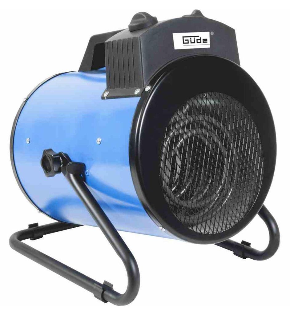 A blue electric heater with a black handle and stand, shown from a three-quarter angle.