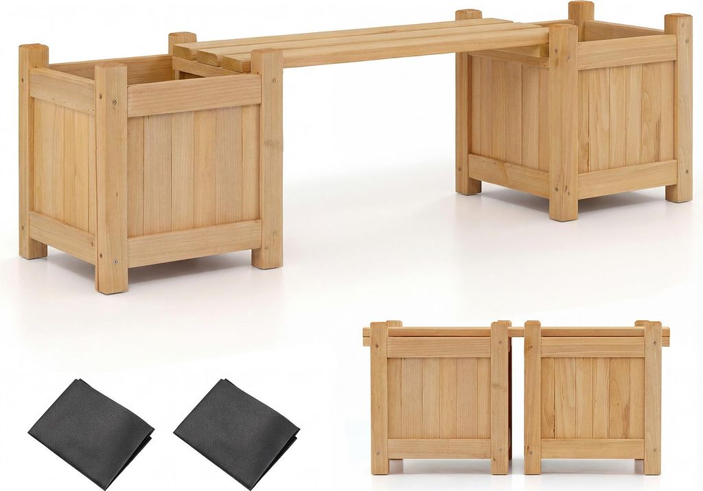COSTWAY Blumenkasten mit Gartenbank, Holzbank mit 2 seitlichen Pflanzkästen, 2-Sitzer Sitzbank aus Massivholz, Bank Outdoor, Natur (105x26,5x29,5 cm)