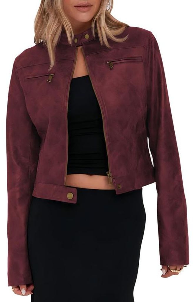 Kurze Kunstlederjacke im Retro-Stil für Damen mit Reißverschluss und Stehkragen