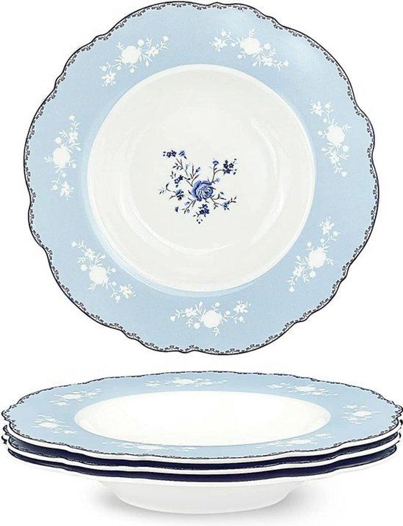 Tiefes Porzellan-Suppen-Schalen-Set, 4-teilig, 232mm, grau, blauem Blumenmuster, mikrowellengeeignet