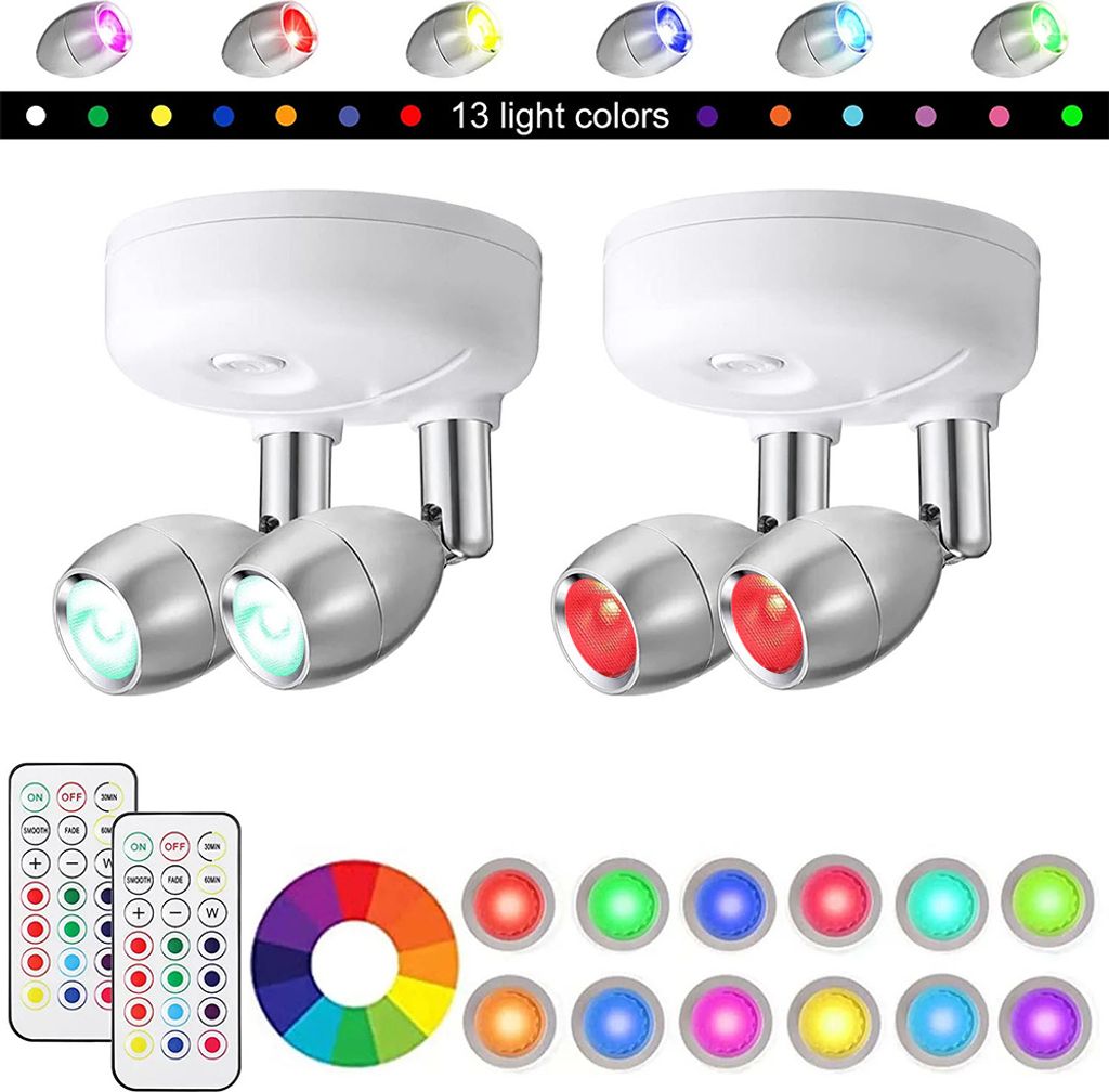 2x Led Spot Lampe Batterie, Innen Led Wandleuchte Kabellos, RGB Wandspot Wandlampe Mit Schalter, Beleuchtung Ohne Strom Für Treppe Wand Küche Sch...
