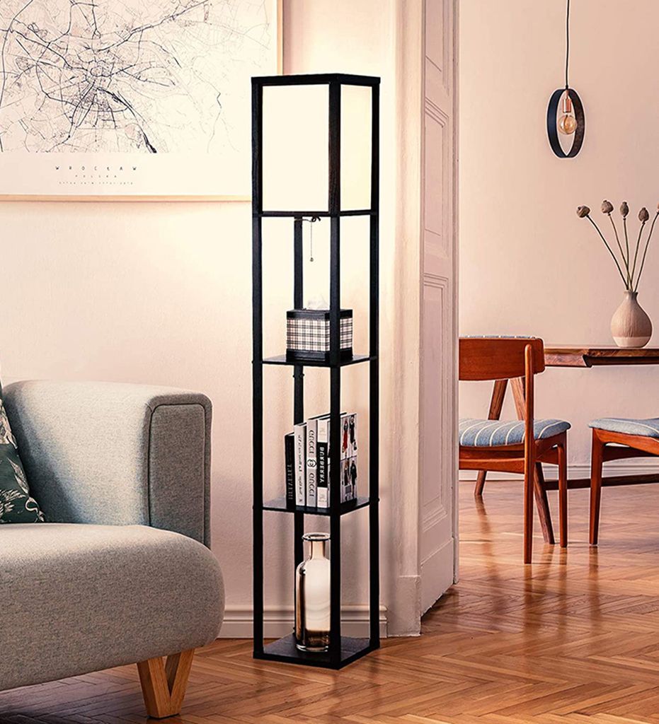 Stehlampe mit Regal, Ecklampe Eckregal Holz Schwarz Produktbild 