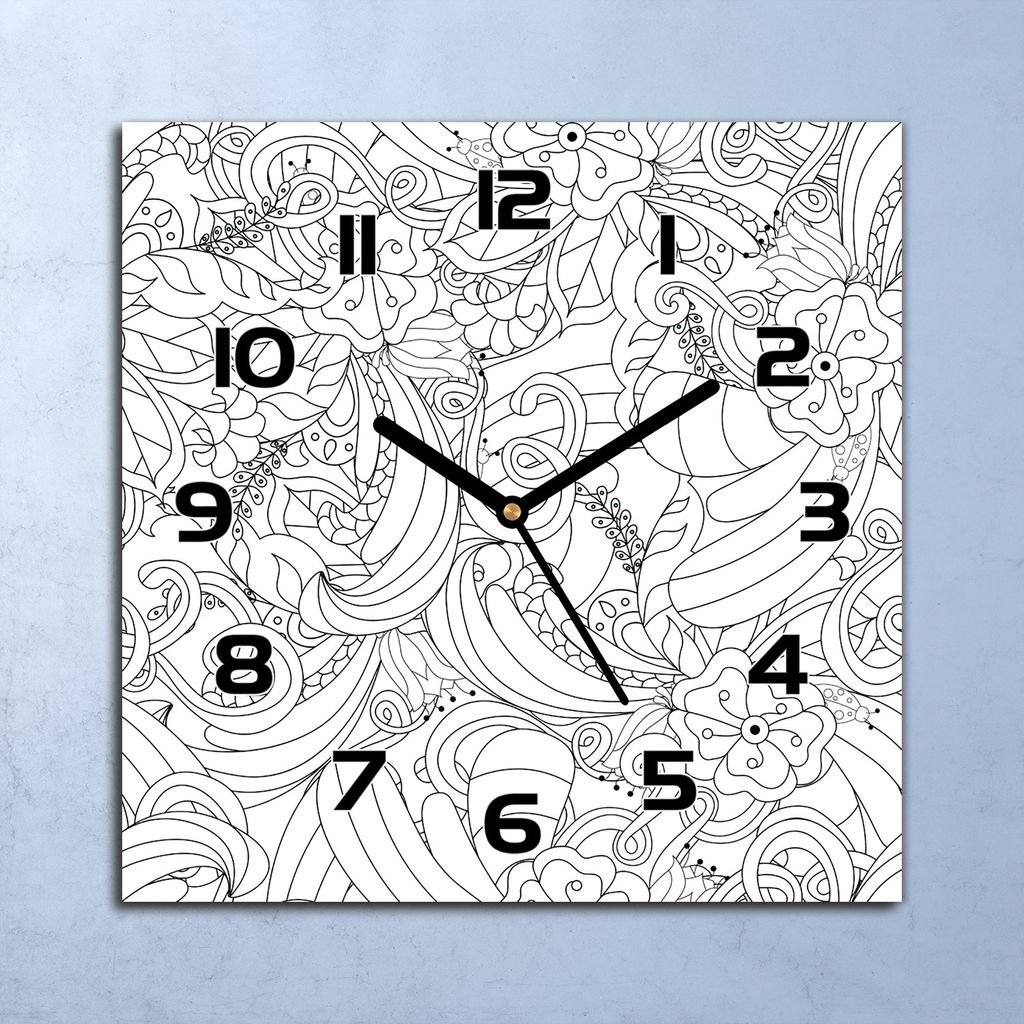 Wanduhr Echt-Glas-Küchenuhr Gekritzel Blüten Quarz Lautlos 30x30 Deko Bilder