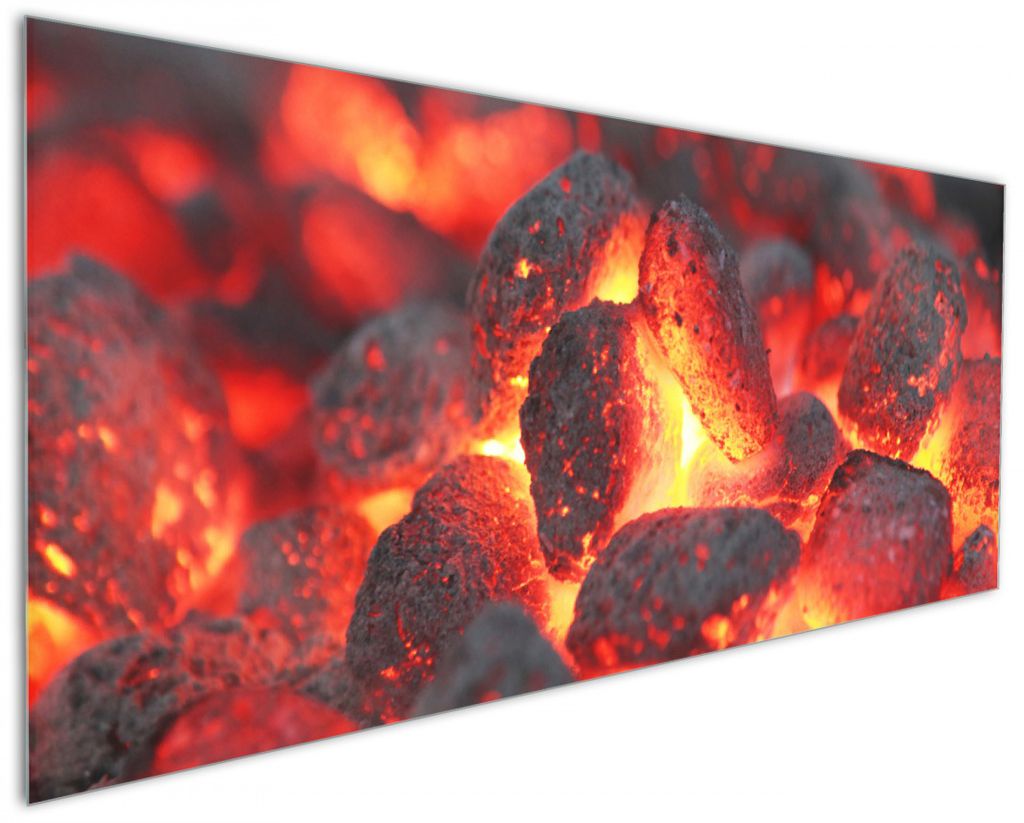 Wallario Küchenrückwand aus Glas, Größe: 125 x 50 cm, Motiv: Glühende Kohlen im Kamin | Spritzschutz | abwischbar | pflegeleicht | in