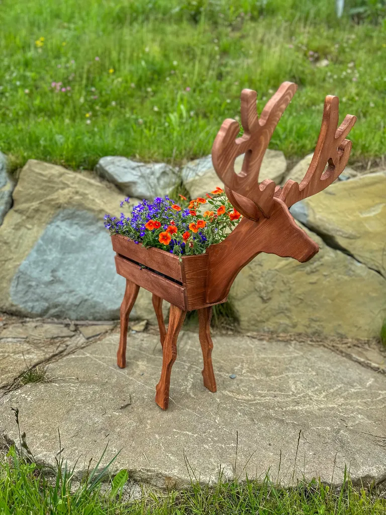Support de fleurs cerf bois marron - Jardinière sculptée design rustique - 8