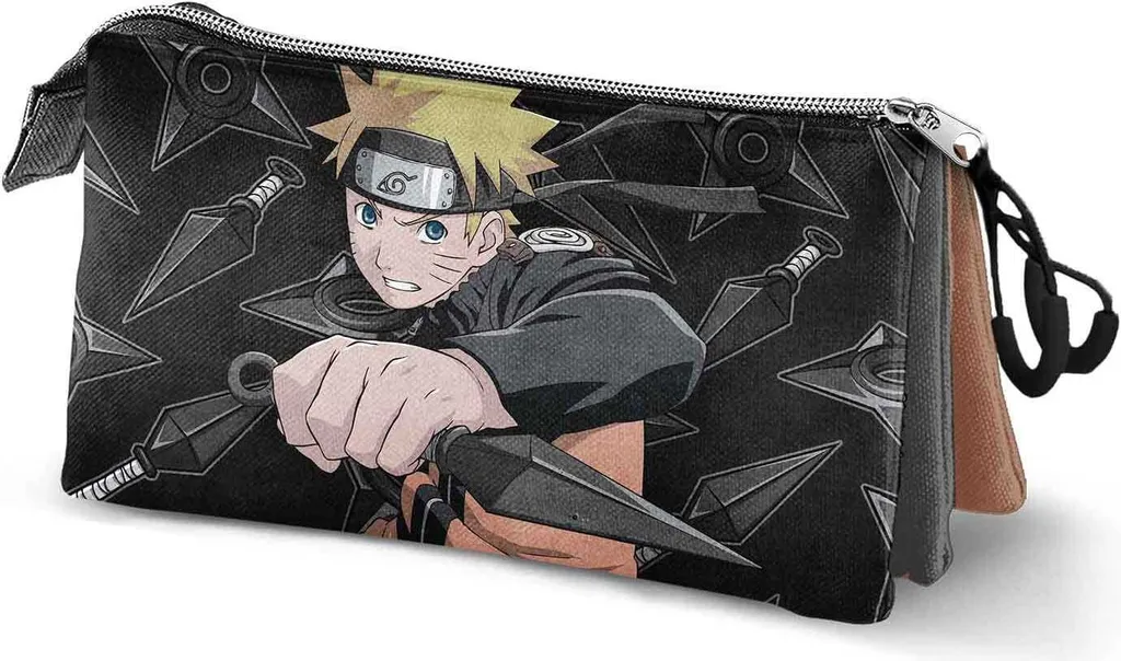 Trousse Naruto Shippuden triple zippée motif armes de Ninja noir et gris