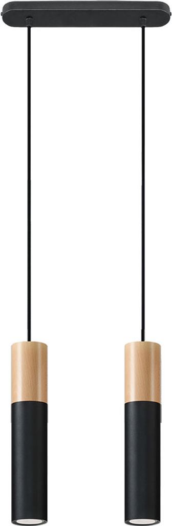 Pendelleuchte, Schwarz, Stahl, Holz, 2-flammig, L 34 cm
