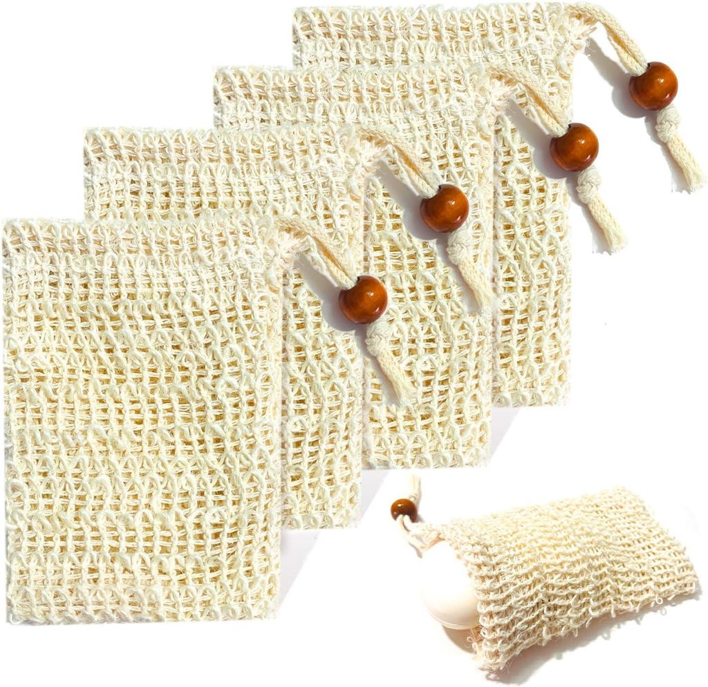 4X Seifensäckchen, Natürliches Sisal Seifenbeutel Nachhaltige Seifenreste Plastikfreie Seifennetz für Körper-Peeling