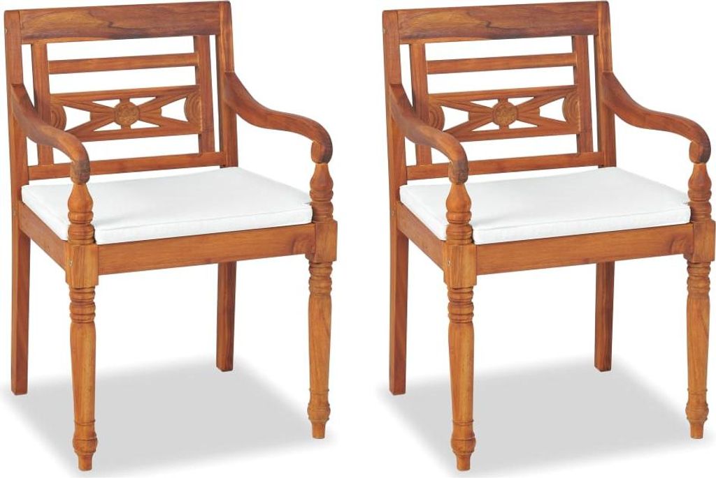 Two wooden chairs with white cushions are shown against a white background.