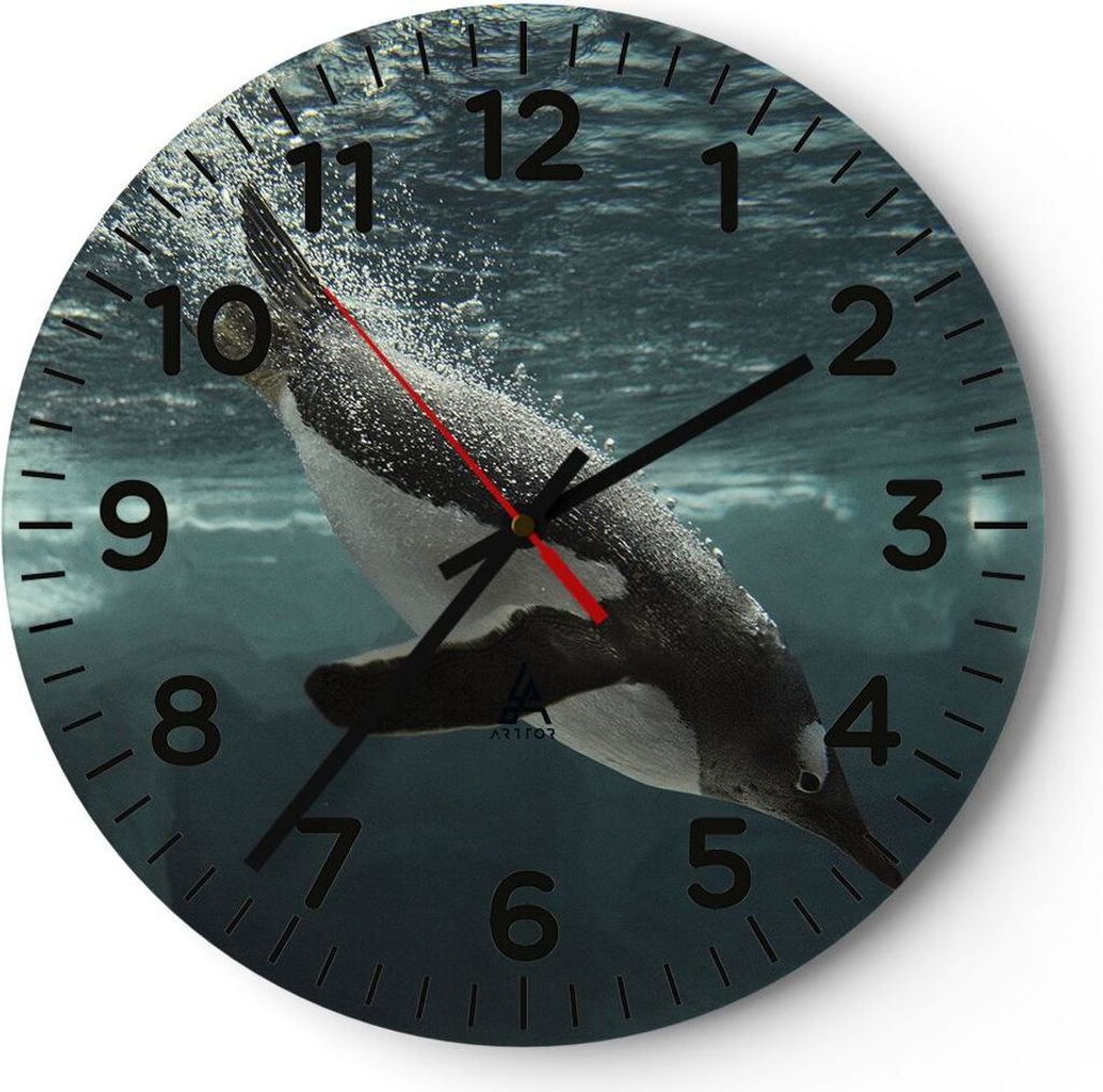 Wanduhr - Rund - Glasuhr - Tauchen Pinguin Gletscher - 30x30cm - Schleichendes Uhrwerk - Lautlos - zum Aufhängen bereit - Dekoration Modern - Wand...