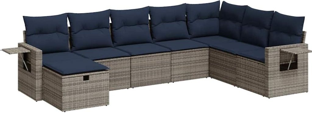 8-tlg. Garten-Sofagarnitur mit Kissen Grau Poly Rattan