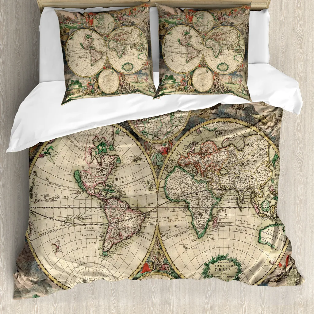 Parure Copripiumino Vintage Mappa Antica 200x200 ABAKUHAUS 3 Pezzi
