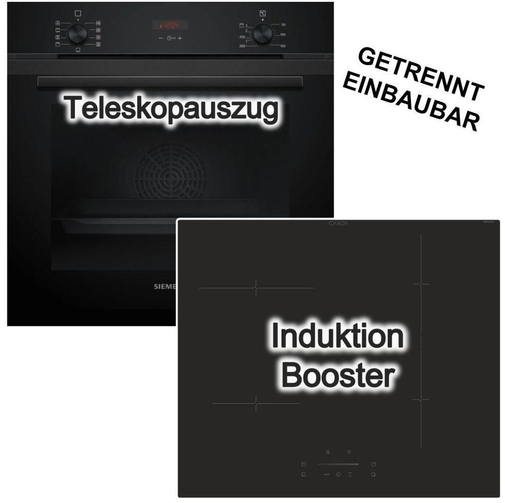 Herdset SIEMENS Backofen EcoClean Hydrolyse Teleskopauszug 3D Heißluft + Candy Induktionskochfeld Booster Slider hOn-App