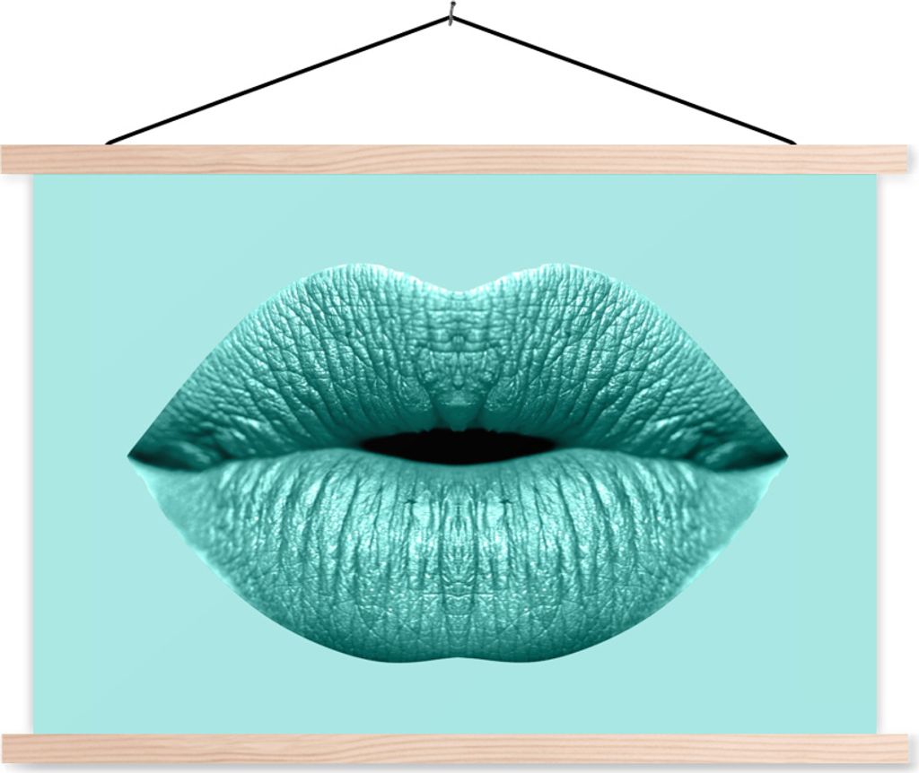 MuchoWow Textilposter Lippen - Pastell - Blau 120x80 cm mit holzfarbenen Rahmen - Aufhängeset
