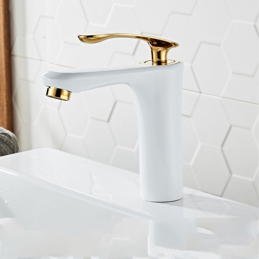 Einhand-Badezimmer-Waschtischarmatur, moderner Einloch-Waschtischarmatur aus massivem Messing, Keramikkartusche, weiß