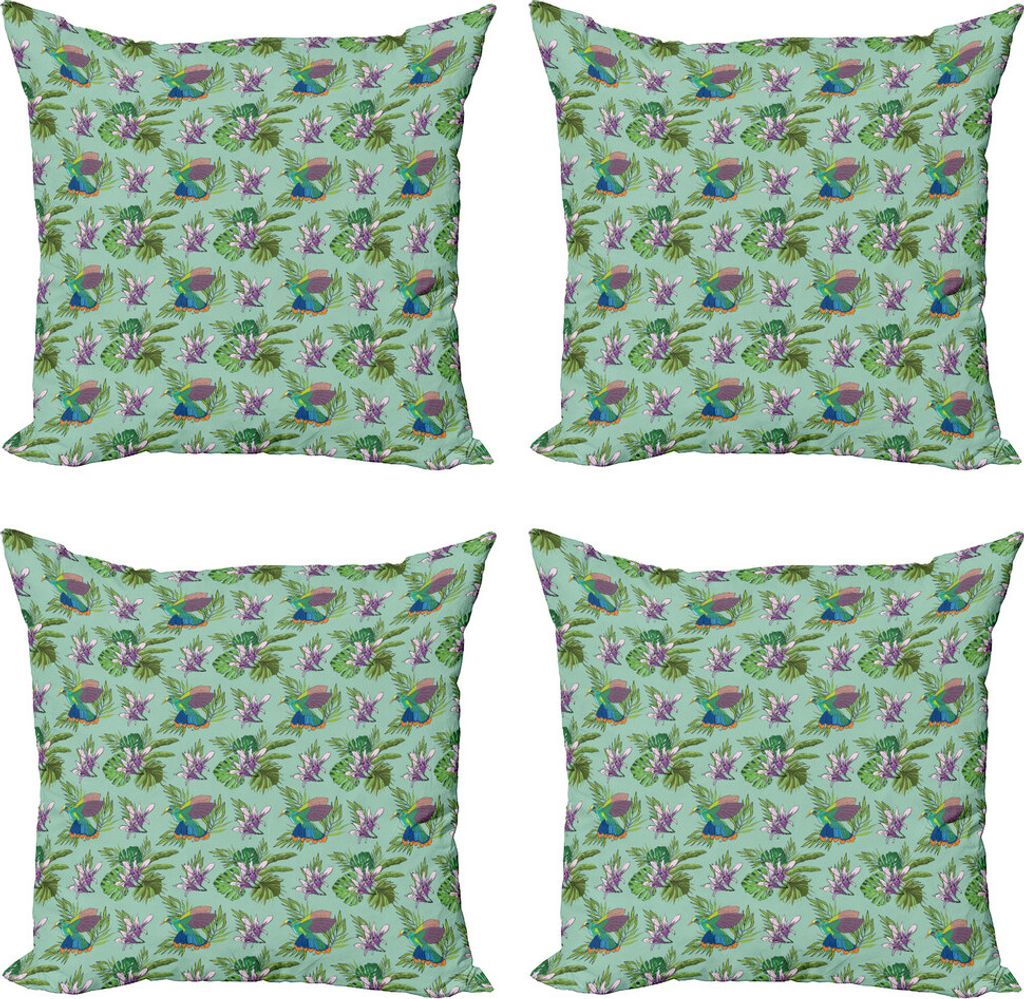 ABAKUHAUS Orchideen Kissenbezug Set (4 Stück), Hummingbird Monstera Leaves, Moderner Doppelseitiger Digitaldruck, 40 cm x 40 cm, Mehrfarbig
