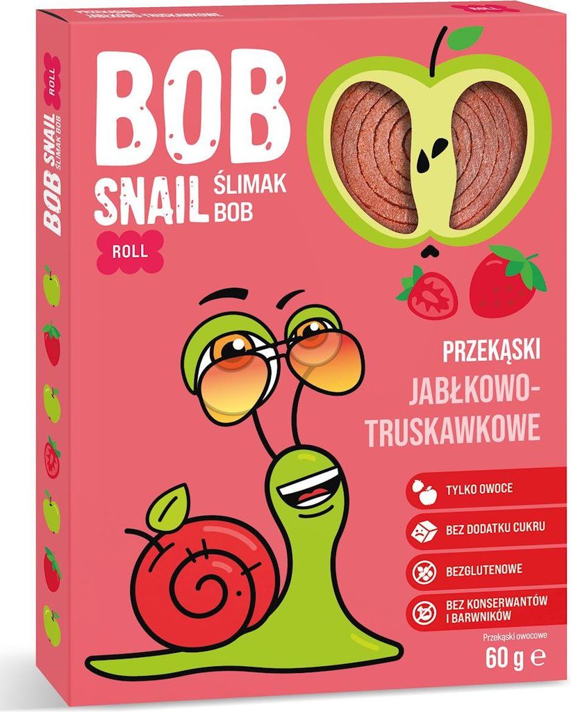 PRZEKĄSKA ROLL JABŁKO - TRUSKAWKA BEZ DODATKU CUKRÓW BEZGLUTENOWA 60 g - BOB SNAIL