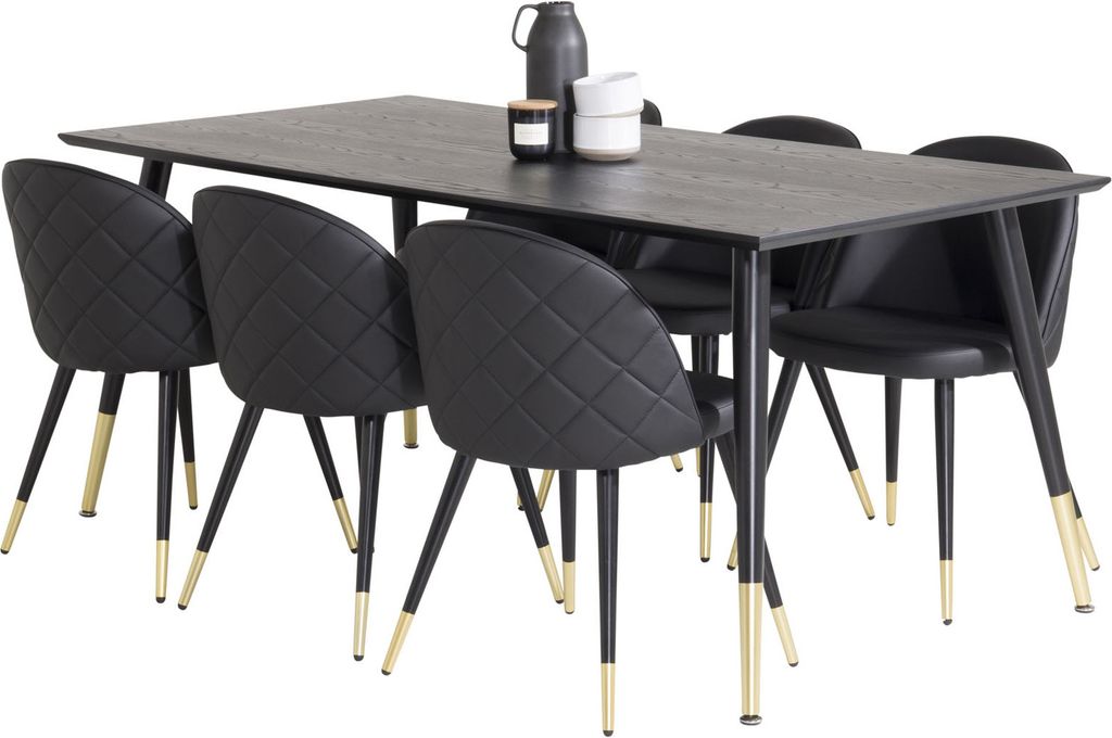 Dipp180x90BLBR Essgruppe Esstisch schwarz und 6 Velvet Esszimmerstühle PolyurethanKunstleder schwarz.