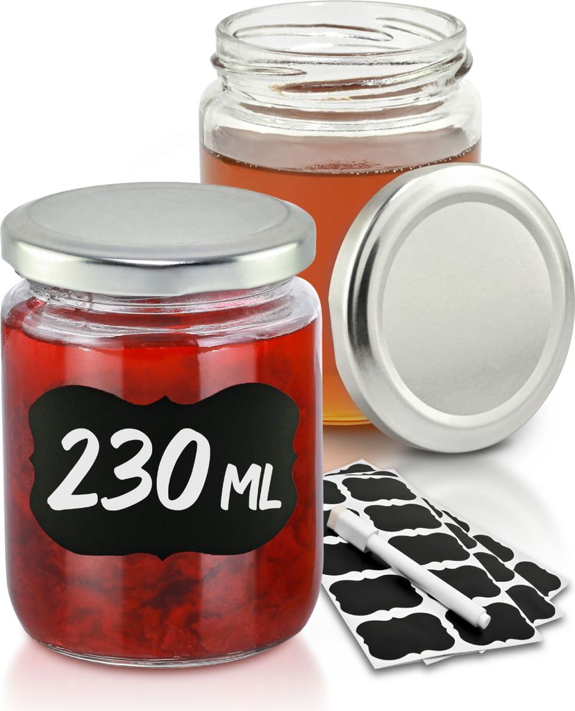 Praknu 25 Marmeladengläser 230 ml mit Deckel - Mit Etiketten & Stift - Luftdicht - Spülmaschinenfest - Ideal zum Verschenken