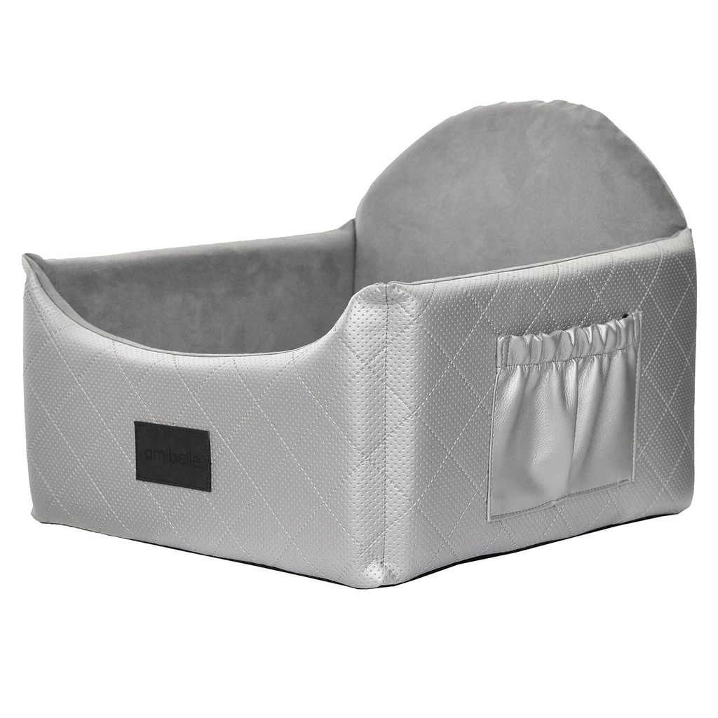 Hundesitz Auto 2in1 48x48 cm ZULA Silber | Haustiersitz & Hundebett für Kleine & Mittlere Hunde | Kunstleder, Waschbar, Rutschfest