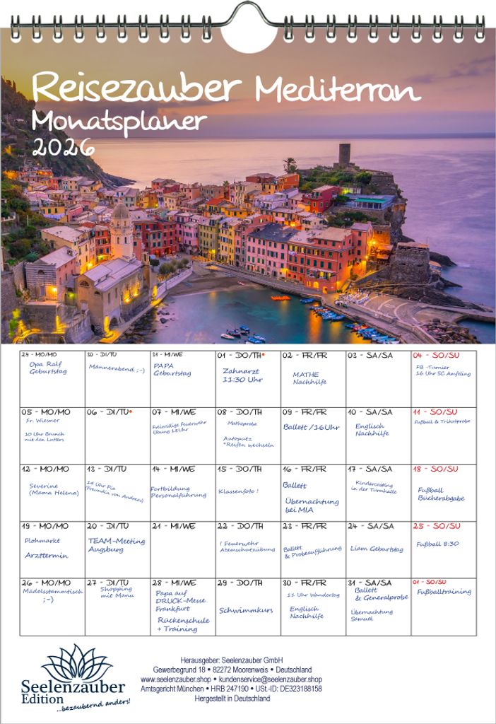 Reisezauber Mediterran Planer DIN A4 Kalender für 2026 Mittelmeer Stadt und Land - Seelenzauber