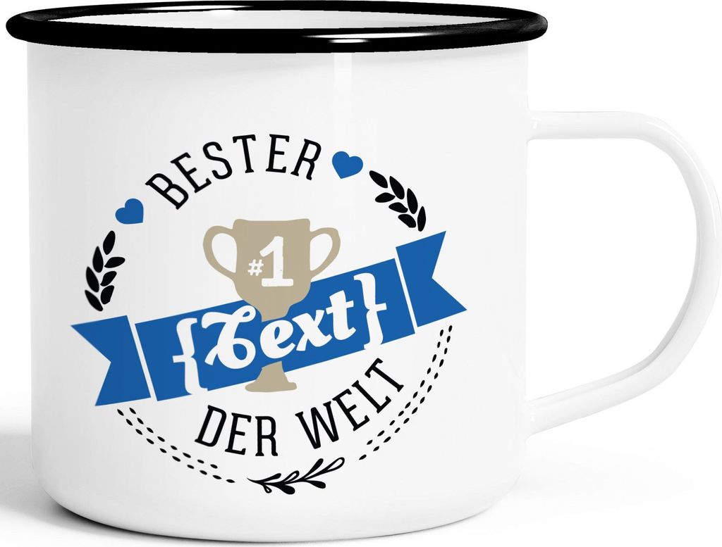 Emaille Tasse Becher Bester Papa, Mama, Oma, Opa etc Kaffeetasse Moonworks Dein Text Blau weiß-schwarz Emailletasse