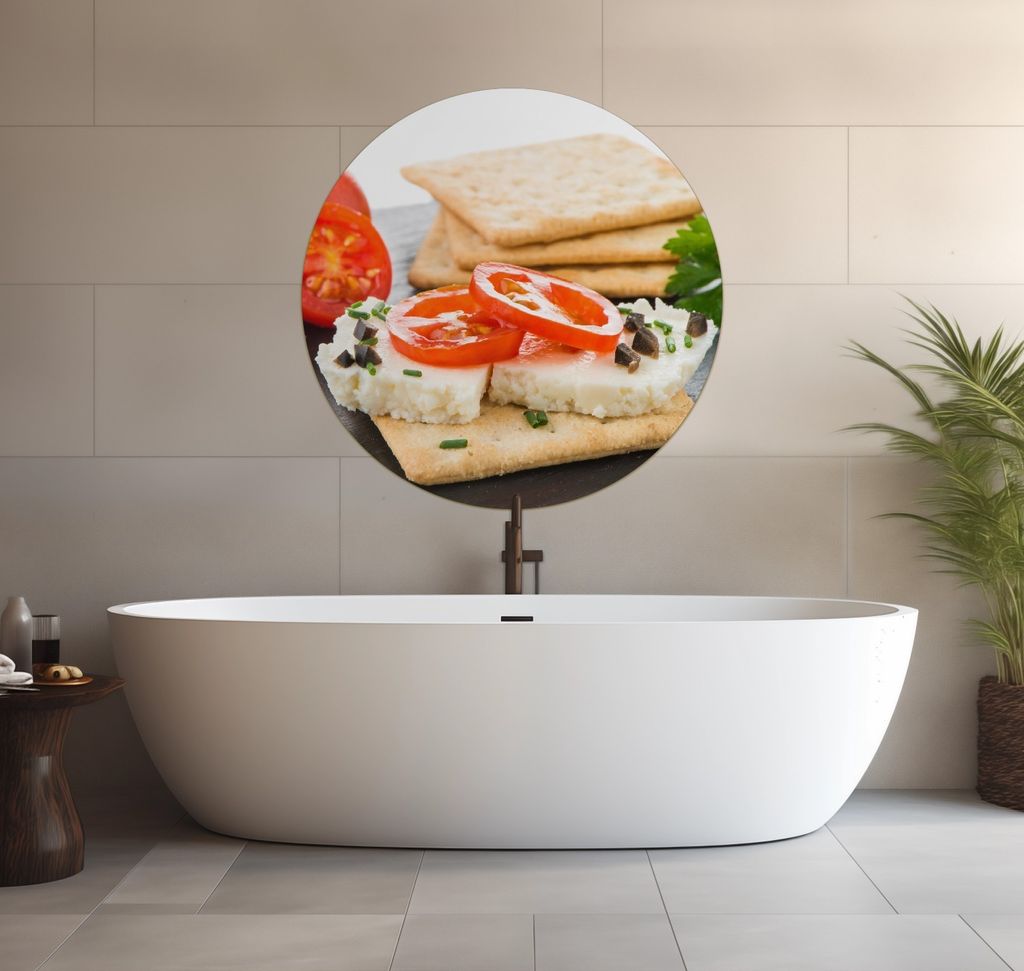 Wallario wasserfestes Poster selbstklebend 90 x 90 cm, Frisches Knäckebrot mit Tomaten und Käse, Badezimmerposter Spritzschutz mit Hochglanzoberf...