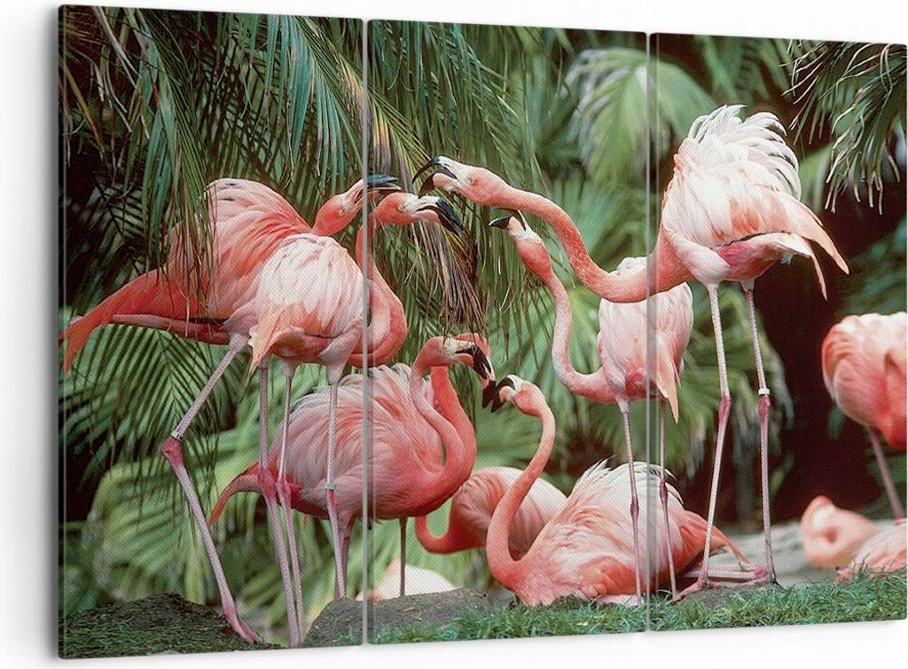 Bild auf Leinwand - Leinwandbild - 3 Teile - Palmen Herde Flamingos - 105x70cm - Wand Bild - Wanddeko - Wandbilder - Leinwanddruck - Bilder - Wandd...