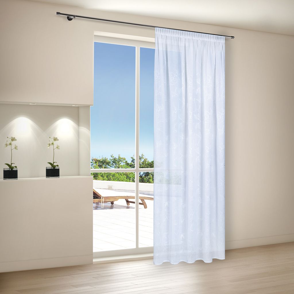 Gerster Kordelstickerei mit Kräuselband B = 140 x H =245 cmHalbtransparent We Floral weiß