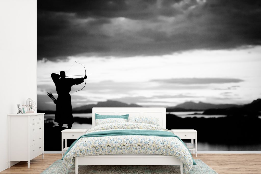 MuchoWow Fototapete für Wohnzimmer oder Schlafzimmer Wandtapete Vinyl Motivtapete Jagd Mann Bogenschießen - 390x260 cm - Papiertapete