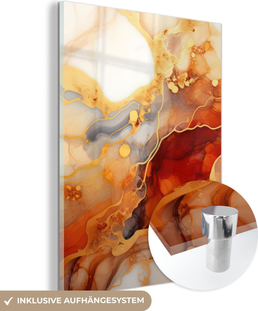 MuchoWow Glasbilder - Bilder auf Wandbild - Foto auf Glas Marmor - Orange - Gold - Modern - Abstrakt 30x40 cm Wanddekoration aus Glas - Acrylglasbi...