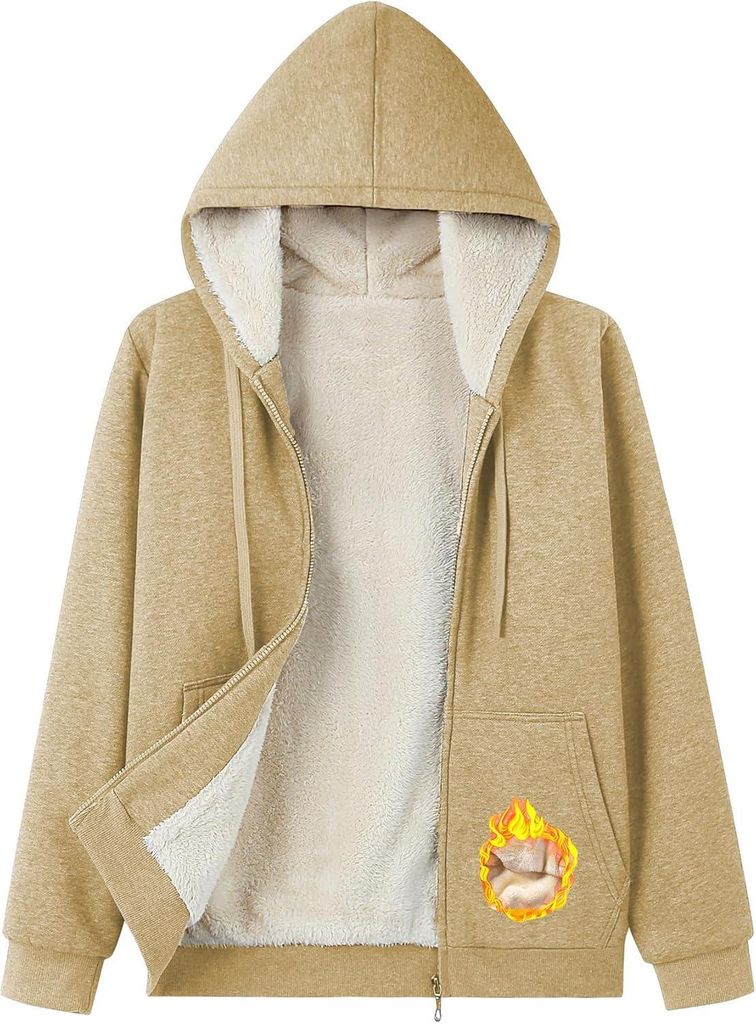 ASKSA Damen Sweatjacke Gefuettert Warme Winter Zipper Jacke Fleecejacke Winterjacke Hoodie mit Kapuze (Khaki,XXL)