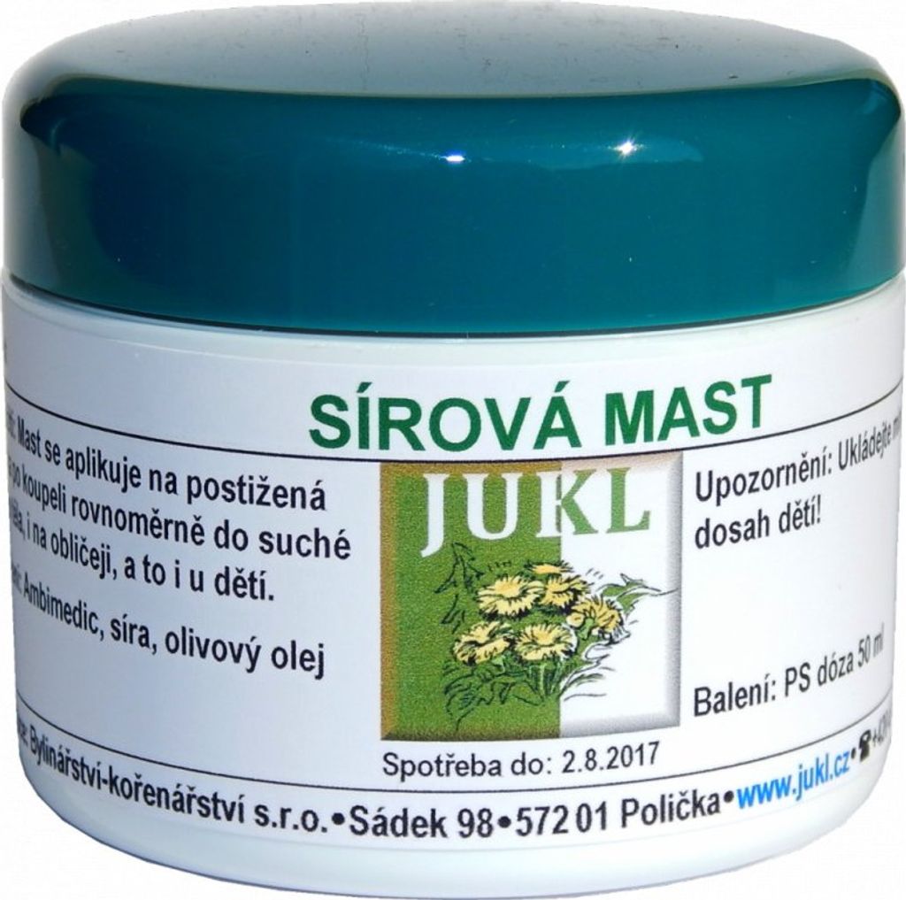 A jar of sulfur ointment with product information and branding.