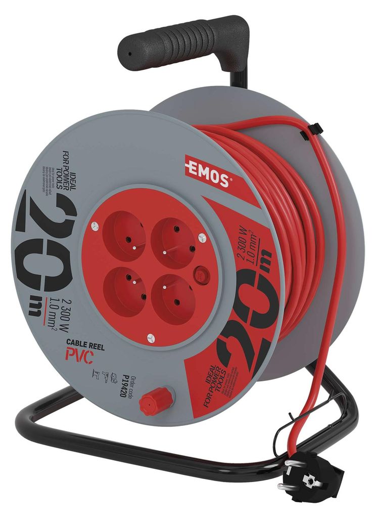 Prodlužovací kabel na bubnu 20 m / 4 zásuvky / červený / PVC / 230 V / 1 mm2