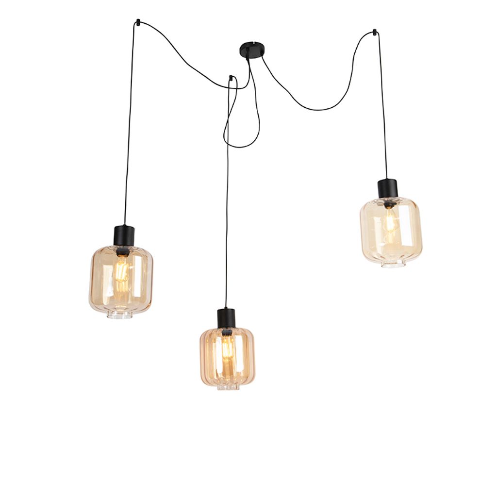 QAZQA - Design Hängelampe I Pendellampe I Pendelleuchte schwarz mit Braunglas 3-flammig-Licht 226 cm - Qara I Wohnzimmer I Schlafzimmer - Länglic...