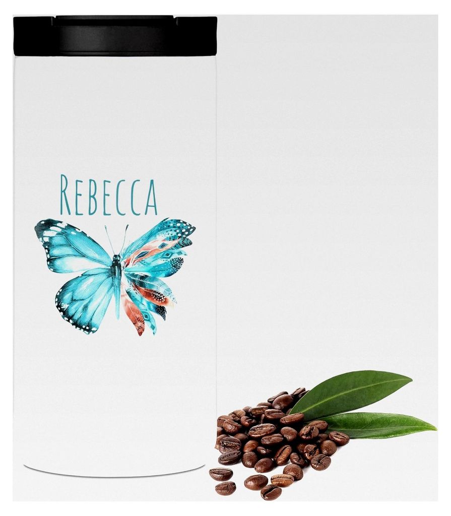 Personalisierter Thermobecher mit Schmetterling in Türkis, 400 ml, Geschenk zu Weihnachten